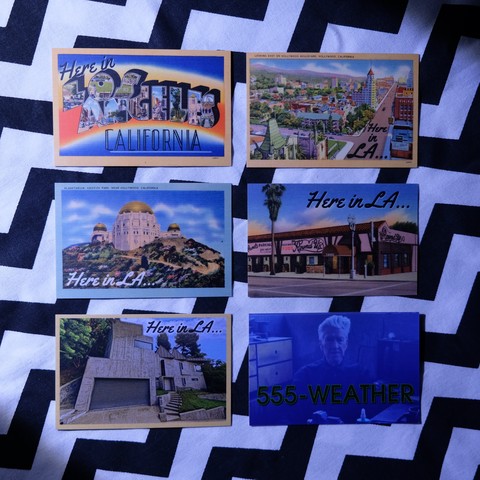 The Weather card set. The top four are based on postcards from the 1940s, I added the Here in LA... text. Bottom left is the rare one, it's a Streetview photo of David Lynch's house, which was also the house in Lost Highway. I manipulated it to make it look similar in style to the postcards. Bottom right is the other side of the cards, it's a still from a weather report video.