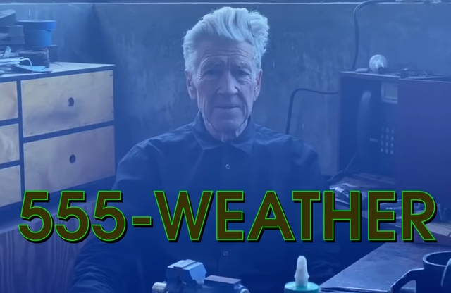 The Weather card back, a screenshot of Lynch doing a weather report, showing the number to dial: 555-WEATHER